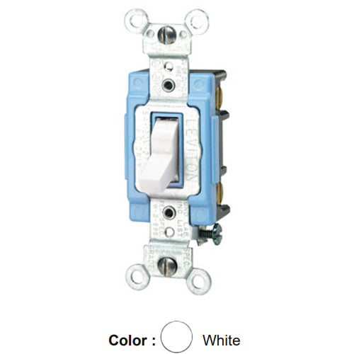 Leviton 1203-LHW, Illuminated OFF 3-Way AC Quiet Toggle Switch, Lighted Handle, Does Not Require a Neutral Wire, Industrial Grade, 15A 120V AC, Self Grounding, Back & Side Wired, White
