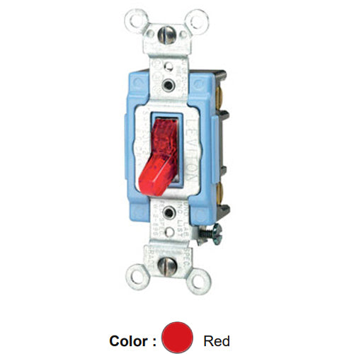 Leviton 1203-PLR, Illuminated ON 3-Way AC Quiet Toggle Switch, Pilot Light, Requires a Neutral Wire, Industrial Grade, 15A 120V AC, Self Grounding, Back & Side Wired, Red