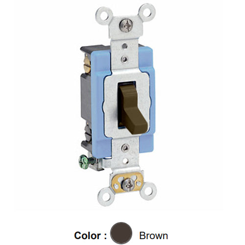 Leviton 1204-2, Standard 4-Way AC Quiet Toggle Switch, Extra Heavy-Duty Industrial Specification Grade, 15A 120/277V AC, Self Grounding, Back & Side Wired, Brown