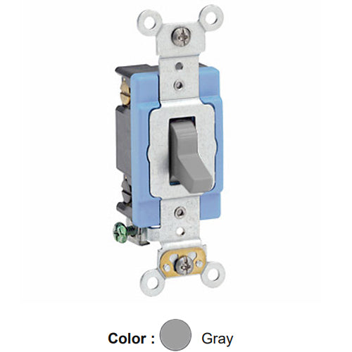 Leviton 1204-2GY, Standard 4-Way AC Quiet Toggle Switch, Extra Heavy-Duty Industrial Specification Grade, 15A 120/277V AC, Self Grounding, Back & Side Wired, Gray
