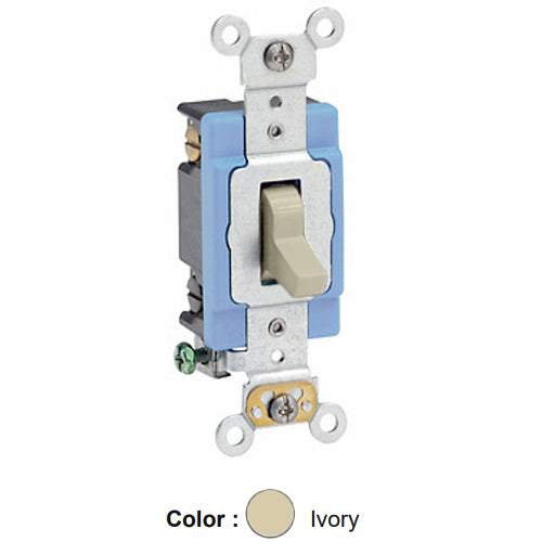 Leviton 1204-2I, Standard 4-Way AC Quiet Toggle Switch, Extra Heavy-Duty Industrial Specification Grade, 15A 120/277V AC, Self Grounding, Back & Side Wired, Ivory