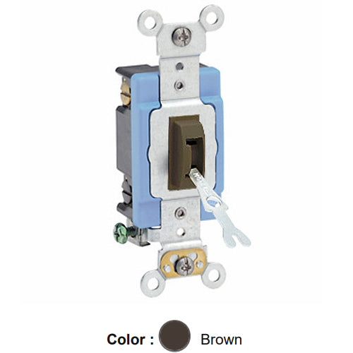 Leviton 1204-2L, Tamper-Resistant (Key) Locking 4-Way AC Quiet Toggle Switch, Extra Heavy-Duty Industrial Specification Grade, 15A 120/277V AC, Self Grounding, Back & Side Wired, Brown