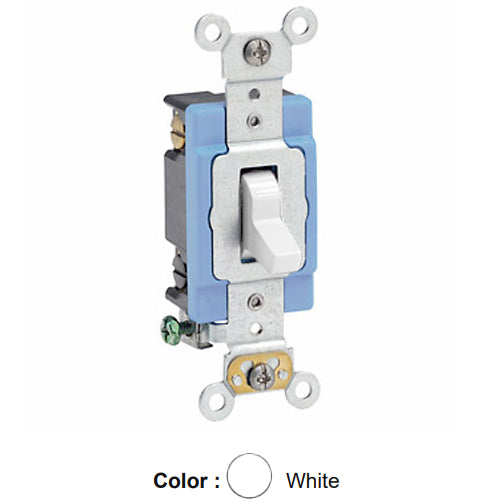 Leviton 1204-2W, Standard 4-Way AC Quiet Toggle Switch, Extra Heavy-Duty Industrial Specification Grade, 15A 120/277V AC, Self Grounding, Back & Side Wired, White