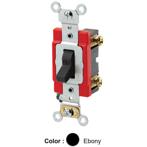 Leviton 1221-2E, Standard Single-Pole AC Quiet Toggle Switch, Extra Heavy-Duty Industrial Specification Grade, 20A 120/277V AC, Self Grounding, Back & Side Wired, Ebony