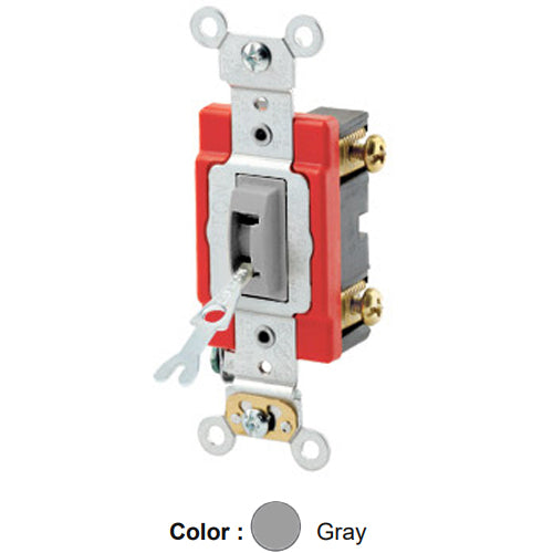 Leviton 1221-2GL, Tamper-Resistant (Key) Locking Single-Pole AC Quiet Toggle Switch, Extra Heavy-Duty Industrial Specification Grade, 20A 120/277V AC, Self Grounding, Back & Side Wired, Gray
