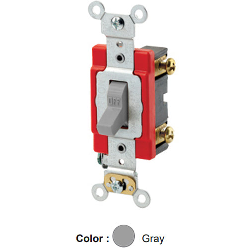 Leviton 1221-2GY, Standard Single-Pole AC Quiet Toggle Switch, Extra Heavy-Duty Industrial Specification Grade, 20A 120/277V AC, Self Grounding, Back & Side Wired, Gray
