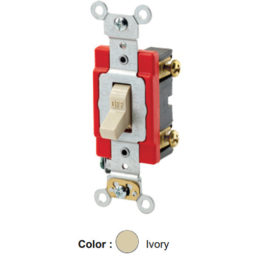 Leviton 1221-2I, Standard Single-Pole AC Quiet Toggle Switch, Extra Heavy-Duty Industrial Specification Grade, 20A 120/277V AC, Self Grounding, Back & Side Wired, Ivory