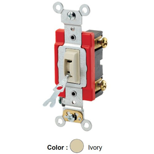 Leviton 1221-2IL, Tamper-Resistant (Key) Locking Single-Pole AC Quiet Toggle Switch, Extra Heavy-Duty Industrial Specification Grade, 20A 120/277V AC, Self Grounding, Back & Side Wired, Ivory