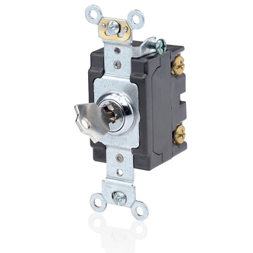 Leviton 1221-2KL, Key Locking Single-Pole AC Quiet Toggle Switch, Extra Heavy-Duty Industrial Specification Grade, 20A 120/277V AC, Self Grounding, Back & Side Wired, Chrome