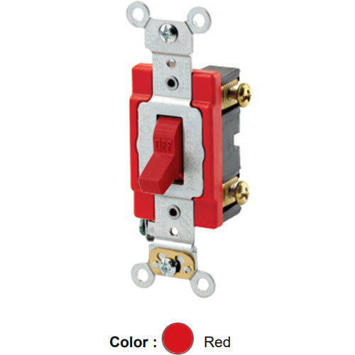Leviton 1221-2R, Standard Single-Pole AC Quiet Toggle Switch, Extra Heavy-Duty Industrial Specification Grade, 20A 120/277V AC, Self Grounding, Back & Side Wired, Red