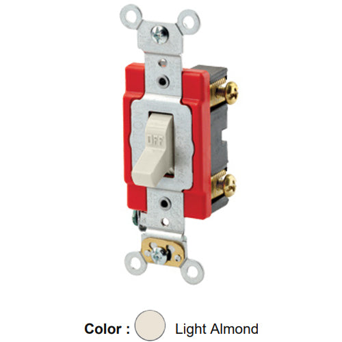 Leviton 1221-2T, Standard Single-Pole AC Quiet Toggle Switch, Extra Heavy-Duty Industrial Specification Grade, 20A 120/277V AC, Self Grounding, Back & Side Wired, Light Almond