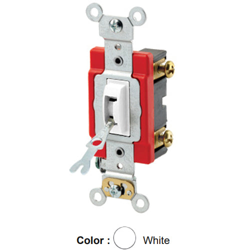 Leviton 1221-2WL, Tamper-Resistant (Key) Locking Single-Pole AC Quiet Toggle Switch, Extra Heavy-Duty Industrial Specification Grade, 20A 120/277V AC, Self Grounding, Back & Side Wired, White