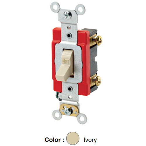 Leviton 1221-7LI, Illuminated OFF Single-Pole AC Quiet Toggle Switch, Lighted Handle, Industrial Grade, 20A 277V AC, Self Grounding, Back & Side Wired, Ivory