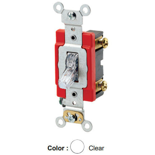 Leviton 1221-7PC, Illuminated ON Single-Pole AC Quiet Toggle Switch, Pilot Light, Requires a Neutral Wire, Industrial Grade, 20A 277V AC, Self Grounding, Back & Side Wired, Clear