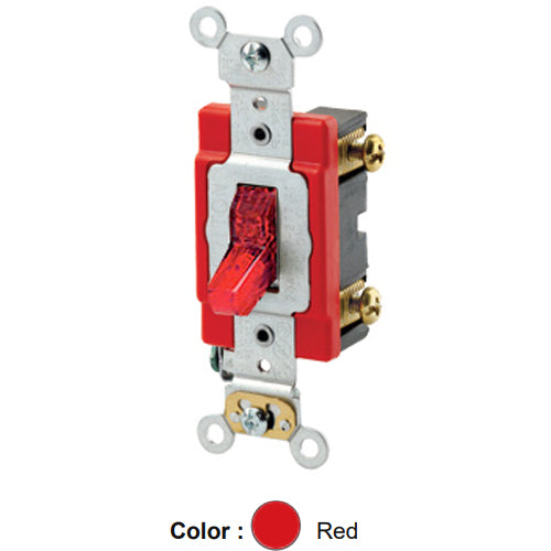 Leviton 1221-7PR, Illuminated ON Single-Pole AC Quiet Toggle Switch, Pilot Light, Requires a Neutral Wire, Industrial Grade, 20A 277V AC, Self Grounding, Back & Side Wired, Red