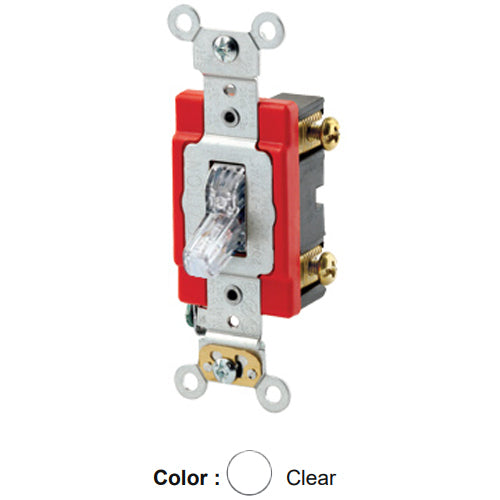 Leviton 1221-LHC, Illuminated OFF Single-Pole AC Quiet Toggle Switch, Lighted Handle, Does Not Require a Neutral Wire, Industrial Grade, 20A 120V AC, Self Grounding, Back & Side Wired, Clear