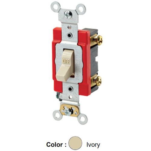 Leviton 1221-LHI, Illuminated OFF Single-Pole AC Quiet Toggle Switch, Lighted Handle, Does Not Require a Neutral Wire, Industrial Grade, 20A 120V AC, Self Grounding, Back & Side Wired, Ivory