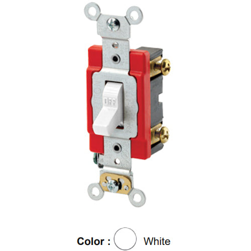 Leviton 1221-LHW, Illuminated OFF Single-Pole AC Quiet Toggle Switch, Lighted Handle, Does Not Require a Neutral Wire, Industrial Grade, 20A 120V AC, Self Grounding, Back & Side Wired, White