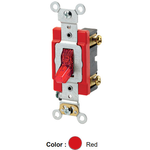 Leviton 1221-PLR, Illuminated ON Single-Pole AC Quiet Toggle Switch, Pilot Light, Requires a Neutral Wire, Industrial Grade, 20A 120V AC, Self Grounding, Back & Side Wired, Red