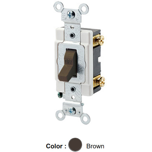Leviton 1221-S, Standard Single-Pole AC Quiet Toggle Switch, Heavy-Duty Industrial Specification Grade, 20A 120/277V AC, Self Grounding, Back & Side Wired, Brown
