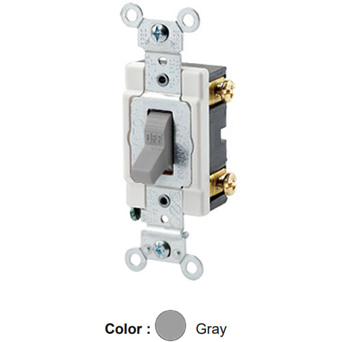 Leviton 1221-SGY, Standard Single-Pole AC Quiet Toggle Switch, Heavy-Duty Industrial Specification Grade, 20A 120/277V AC, Self Grounding, Back & Side Wired, Gray