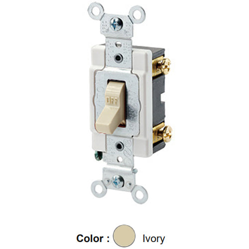 Leviton 1221-SI, Standard Single-Pole AC Quiet Toggle Switch, Heavy-Duty Industrial Specification Grade, 20A 120/277V AC, Self Grounding, Back & Side Wired, Ivory