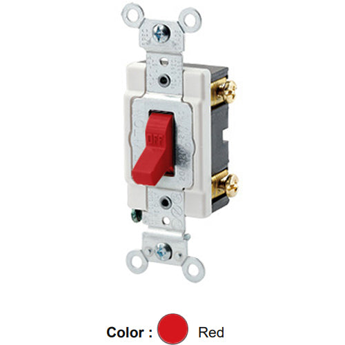 Leviton 1221-SR, Standard Single-Pole AC Quiet Toggle Switch, Heavy-Duty Industrial Specification Grade, 20A 120/277V AC, Self Grounding, Back & Side Wired, Red