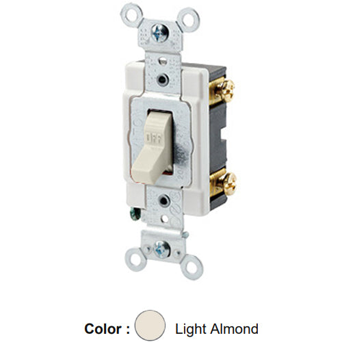Leviton 1221-ST, Standard Single-Pole AC Quiet Toggle Switch, Heavy-Duty Industrial Specification Grade, 20A 120/277V AC, Self Grounding, Back & Side Wired, Light Almond