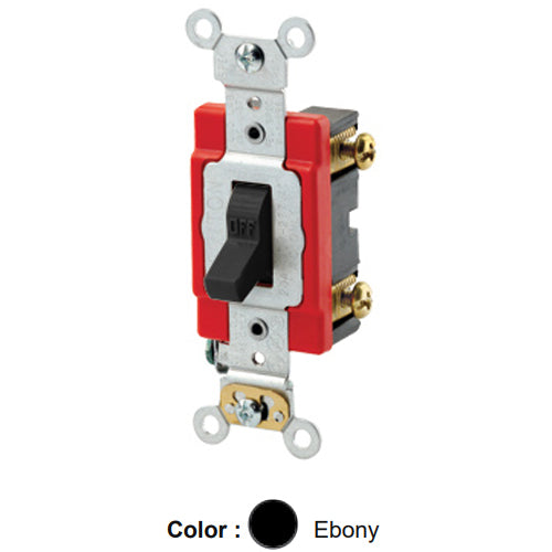 Leviton 1222-2E, Standard Double Pole AC Quiet Toggle Switch, Extra Heavy-Duty Industrial Specification Grade, 20A 120/277V AC, Self Grounding, Back & Side Wired, Ebony