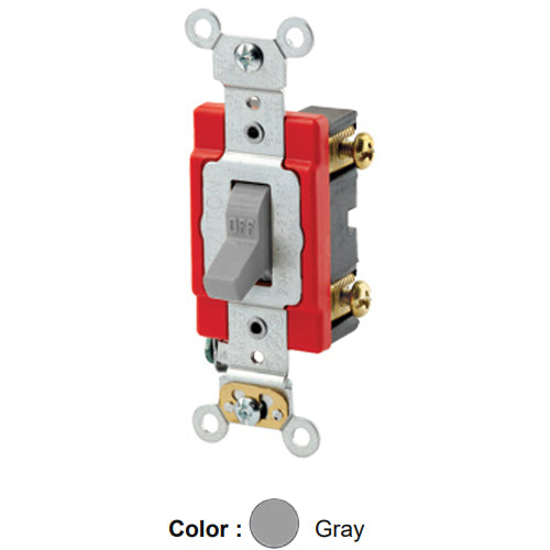 Leviton 1222-2GY, Standard Double Pole AC Quiet Toggle Switch, Extra Heavy-Duty Industrial Specification Grade, 20A 120/277V AC, Self Grounding, Back & Side Wired, Gray