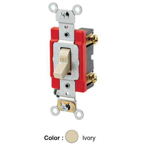 Leviton 1222-2I, Standard Double Pole AC Quiet Toggle Switch, Extra Heavy-Duty Industrial Specification Grade, 20A 120/277V AC, Self Grounding, Back & Side Wired, Ivory