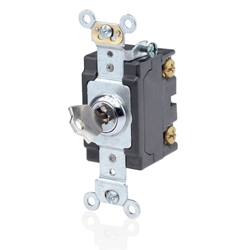 Leviton 1222-2KL, Key Locking Double Pole AC Quiet Toggle Switch, Extra Heavy-Duty Industrial Specification Grade, 20A 120/277V AC, Self Grounding, Back & Side Wired, Chrome