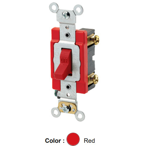 Leviton 1222-2R, Standard Double Pole AC Quiet Toggle Switch, Extra Heavy-Duty Industrial Specification Grade, 20A 120/277V AC, Self Grounding, Back & Side Wired, Red