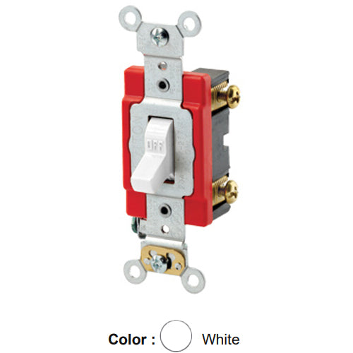 Leviton 1222-2W, Standard Double Pole AC Quiet Toggle Switch, Extra Heavy-Duty Industrial Specification Grade, 20A 120/277V AC, Self Grounding, Back & Side Wired, White