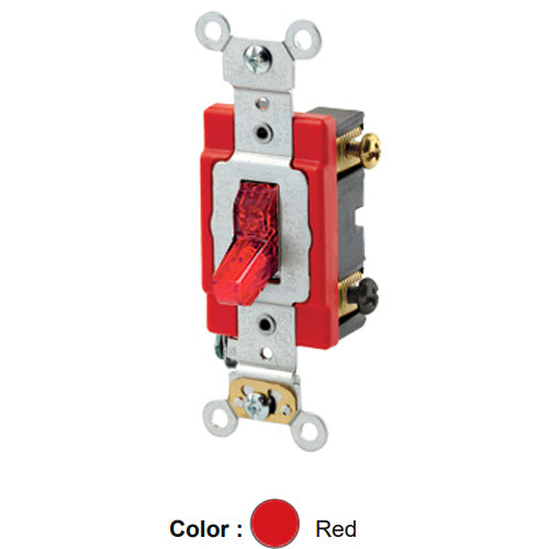 Leviton 1222-7PR, Illuminated ON Double Pole AC Quiet Toggle Switch, Pilot Light, Requires a Neutral Wire, Industrial Grade, 20A 277V AC, Self Grounding, Back & Side Wired, Red