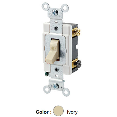 Leviton 1222-SI, Standard Double Pole AC Quiet Toggle Switch, Heavy-Duty Industrial Specification Grade, 20A 120/277V AC, Self Grounding, Back & Side Wired, Ivory