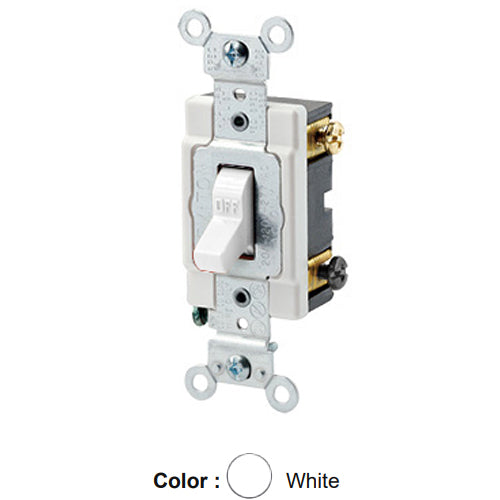 Leviton 1222-SW, Standard Double Pole AC Quiet Toggle Switch, Heavy-Duty Industrial Specification Grade, 20A 120/277V AC, Self Grounding, Back & Side Wired, White