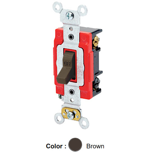 Leviton 1223-2, Standard 3-Way AC Quiet Toggle Switch, Extra Heavy-Duty Industrial Specification Grade, 20A 120/277V AC, Self Grounding, Back & Side Wired, Brown