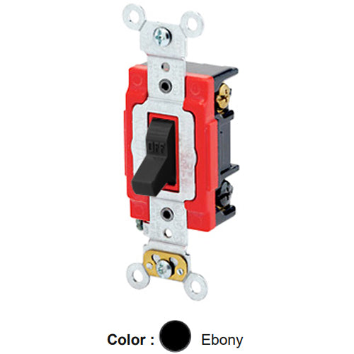Leviton 1223-2E, Standard 3-Way AC Quiet Toggle Switch, Extra Heavy-Duty Industrial Specification Grade, 20A 120/277V AC, Self Grounding, Back & Side Wired, Ebony