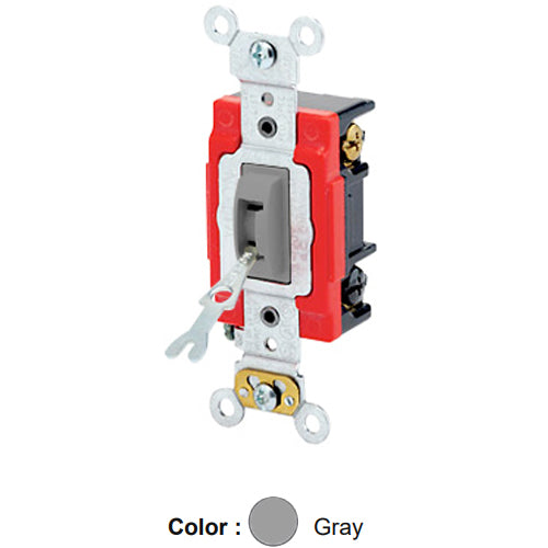 Leviton 1223-2GL, Tamper-Resistant (Key) Locking 3-Way AC Quiet Toggle Switch, Extra Heavy-Duty Industrial Specification Grade, 20A 120/277V AC, Self Grounding, Back & Side Wired, Gray