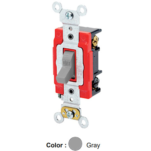Leviton 1223-2GY, Standard 3-Way AC Quiet Toggle Switch, Extra Heavy-Duty Industrial Specification Grade, 20A 120/277V AC, Self Grounding, Back & Side Wired, Gray