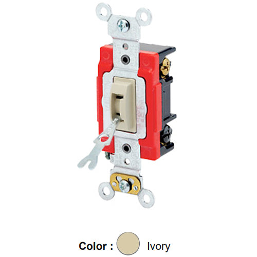 Leviton 1223-2IL, Tamper-Resistant (Key) Locking 3-Way AC Quiet Toggle Switch, Extra Heavy-Duty Industrial Specification Grade, 20A 120/277V AC, Self Grounding, Back & Side Wired, Ivory