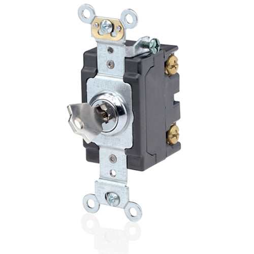 Leviton 1223-2KL, Key Locking 3-Way AC Quiet Toggle Switch, Extra Heavy-Duty Industrial Specification Grade, 20A 120/277V AC, Self Grounding, Back & Side Wired, Chrome