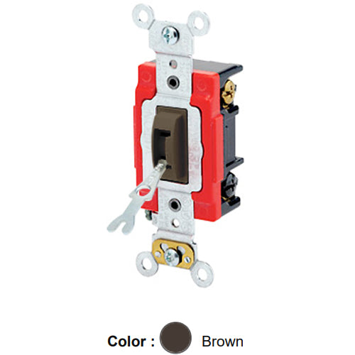 Leviton 1223-2L, Tamper-Resistant (Key) Locking 3-Way AC Quiet Toggle Switch, Extra Heavy-Duty Industrial Specification Grade, 20A 120/277V AC, Self Grounding, Back & Side Wired, Brown