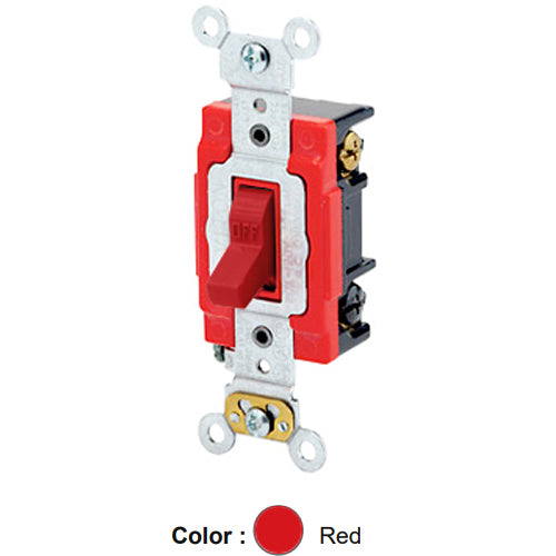 Leviton 1223-2R, Standard 3-Way AC Quiet Toggle Switch, Extra Heavy-Duty Industrial Specification Grade, 20A 120/277V AC, Self Grounding, Back & Side Wired, Red