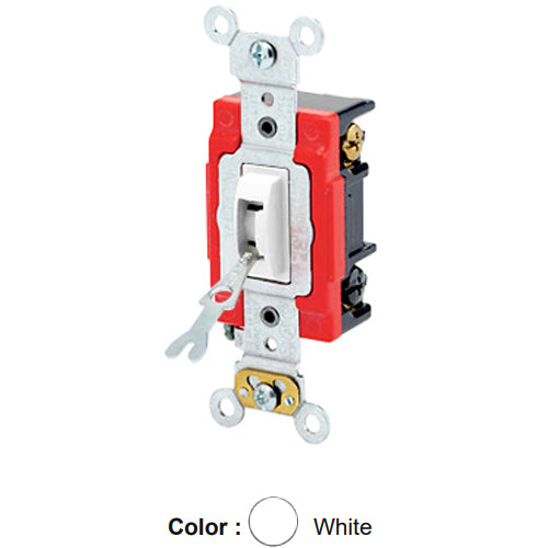 Leviton 1223-2WL, Tamper-Resistant (Key) Locking 3-Way AC Quiet Toggle Switch, Extra Heavy-Duty Industrial Specification Grade, 20A 120/277V AC, Self Grounding, Back & Side Wired, White