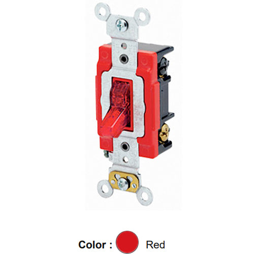 Leviton 1223-7PR, Illuminated ON 3-Way AC Quiet Toggle Switch, Pilot Light, Requires a Neutral Wire, Industrial Grade, 20A 277V AC, Self Grounding, Back & Side Wired, Red