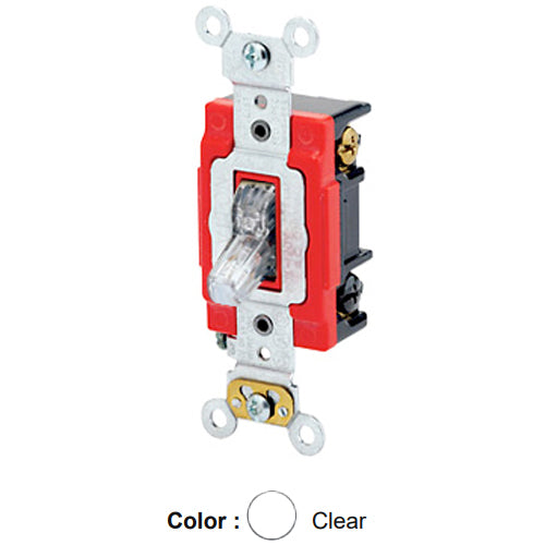 Leviton 1223-LHC, Illuminated OFF 3-Way AC Quiet Toggle Switch, Lighted Handle, Does Not Require a Neutral Wire, Industrial Grade, 20A 120V AC, Self Grounding, Back & Side Wired, Clear