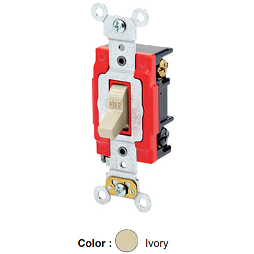 Leviton 1223-LHI, Illuminated OFF 3-Way AC Quiet Toggle Switch, Lighted Handle, Does Not Require a Neutral Wire, Industrial Grade, 20A 120V AC, Self Grounding, Back & Side Wired, Ivory