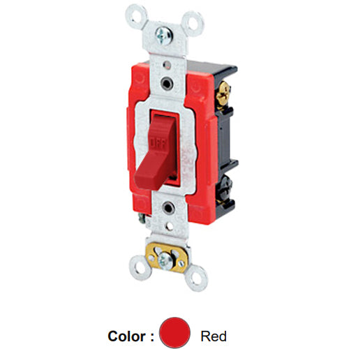 Leviton 1223-LHR, Illuminated OFF 3-Way AC Quiet Toggle Switch, Lighted Handle, Does Not Require a Neutral Wire, Industrial Grade, 20A 120V AC, Self Grounding, Back & Side Wired, Red